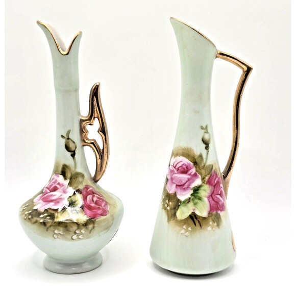 Vintage Lefton China Hand Painted Pink Rose Vase Pair 748 Japan Gold Trim 5.5in - Picture 1 of 14